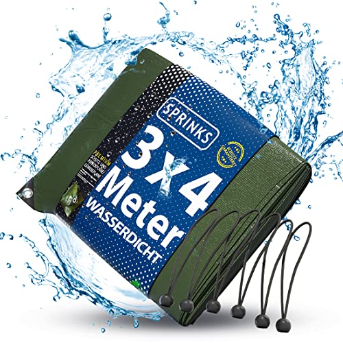 SPRINKS® Abdeckplane Premium 140 g/m² (3x4m) - Robuste Gewebeplane mit Ösen - Plane Wasserdicht und UV Beständig - Tarp Outdoor - Wetterfeste Allzweckplane inkl. 6 Planenspanner von SPRINKS