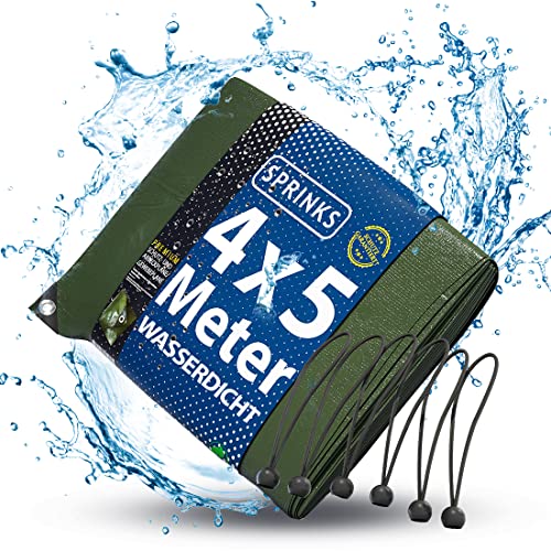 SPRINKS® Abdeckplane Premium 140 g/m² [4x5m] - Robuste Gewebeplane mit Ösen - Plane Wasserdicht und UV Beständig - Tarp Outdoor - Wetterfeste Allzweckplane inkl. 6 Planenspanner von SPRINKS