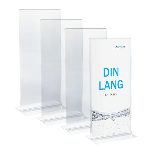 SPRINTIS Tischaufsteller DIN-Lang hoch (4 Stück), T-Aufsteller aus glasklarem Kunststoff für Hochzeit & Restaurant, Werbeaufsteller DIN-Lang, Menükartenhalter & Getränkekartenhalter im Hochformat von SPRINTIS