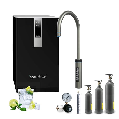 SPRUDELUX® Untertisch-Tafelwasseranlage Black & White Diamond Edition + 3 Wege Wasserhahn | Profi-Wassersprudler | Spritziges Mineralwasser | (3-Wege-Touch C-Auslauf Space Grey, Ohne CO2 Flasche) von SPRUDELUX
