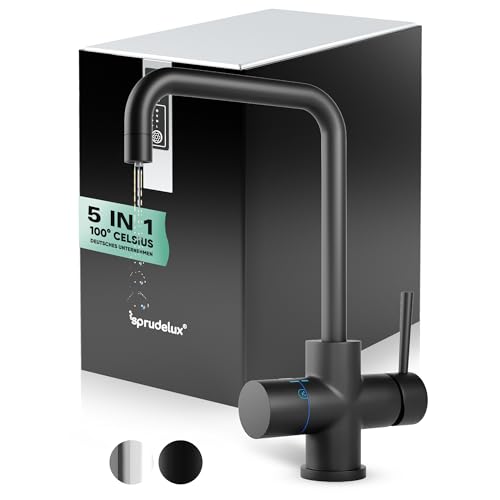Untertisch-Tafelwasseranlage SPRUDELUX® Flame inklusive Kochend-Wasserhahn | Wassersprudler für den Privathaushalt | 5 in 1 Wasserspender | (5-Wege-Kombi U-auslauf Schwarz, 425g (60 L) Zylinder) von SPRUDELUX