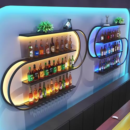 4 Ebenen Metall Wand Weinregale zur Wandmontage mit Glashalter Metall Bar Likör Weinflaschen Anzeige Schwarze industrielle schwimmende Regal Metal Weinflasche Weinglas Hängeregal (schwarz, 300cm) von SPTZQURY