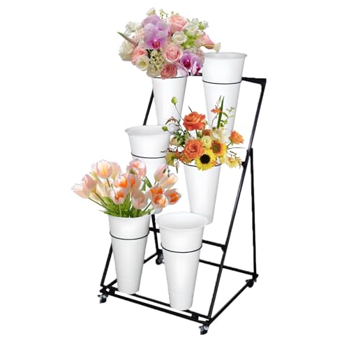 SPTZQURY Blumenständer, 3 Etagen Metall Pflanzenständer mit Rädern und Eimern, Heavy Duty Moving Schmiedeeisen Florist Regal, für Terrassengarten, Wohnzimmer, Florist (3 Tier 6 White Bucket) von SPTZQURY