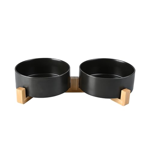 SPUNKYJUNKY Hundenapf Keramik Doppel Hund Futternapf mit Bambus Ständer für Große Hunde (1250ml, Schwarz) von SPUNKYJUNKY