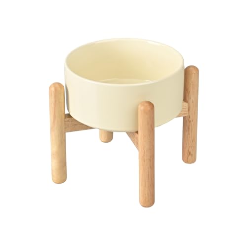 SPUNKYJUNKY Hundenapf Keramik Fressnapf Erhöhter Futternapf Wassernapf mit Bambus Ständer für mittelgroße und große Hunde (850ml, Beige) von SPUNKYJUNKY