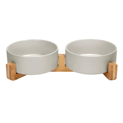 SPUNKYJUNKY Keramik-Napf-Set für Hunde und Katzen, mit Holzständer, modernes, niedliches gewichtetes Futternapf-Set für mittelgroße bis große Hunde (1,2 l, 2 × grau) von SPUNKYJUNKY