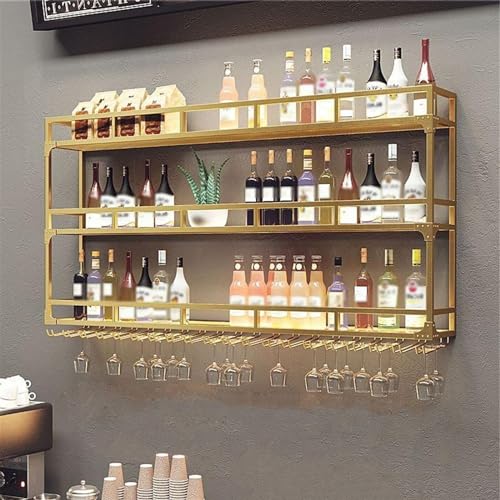 Modern Metal Wine Display Rack with Wine Glass Holder, Wine Rack Wall Mounted Industrial Bar Shelves Wall Mounted Hanging Wine Glass Bottle Rack for Home Restaurant Bars ( Color : Gold , Size : 120*25 von SPUZZO