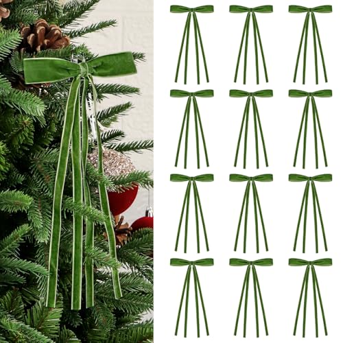 12 Stück Samt-Weihnachtsbaumschleifen, rustikale Schleife für Weihnachtsbaumschmuck, Kranz, Girlande, Kamin, Basteln, Hochzeit, Heimdekoration (12, Moosgrün) von SPWOLFRT