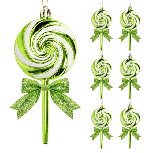 6 x Lutscher-Kugeln mit 6 Glitzerschleifen, glänzend und glitzernd, dekoriert, Pfefferminzbonbons, hängende Ornamente für Weihnachtsbaumkränze, Party-Dekorationen (Hellgrün) von SPWOLFRT