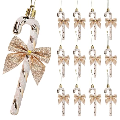 Zuckerstangen-Weihnachtsdekoration, 14 cm, glitzernde Zuckerstangen-Schleifen für Weihnachtsbaum, hängende Ornamente, Urlaub, Festival, Party, Heimdekoration, Champagner, 12 Stück Zuckerstangen-Weihnachtsdekoration, 14 cm, glitzernde Zuckerstangen-Schleifen für Weihnachtsbaum, hängende Ornamente, Urlaub, Festival, Party, Heimdekoration, Champagner, 12 Stück von SPWOLFRT