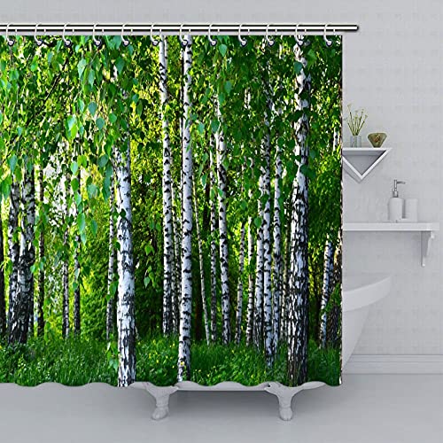 Garten Duschvorhang, Outdoor Duschvorhang für Garten Wald Birkenwald Duschvorhänge Wasserdicht Polyester Stoff Vorhänge Set mit 12 Haken für Badezimmer 183,9 x 183,9 cm von SPXUBZ