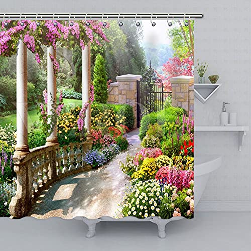 SPXUBZ Duschvorhang Die Straße durch den Park mit Säulen Blumengarten Landschaft Muster Badvorhang Waschbar Polyestergewebe Badezimmer Vorhänge mit 12 Haken 183 x 183 cm von SPXUBZ