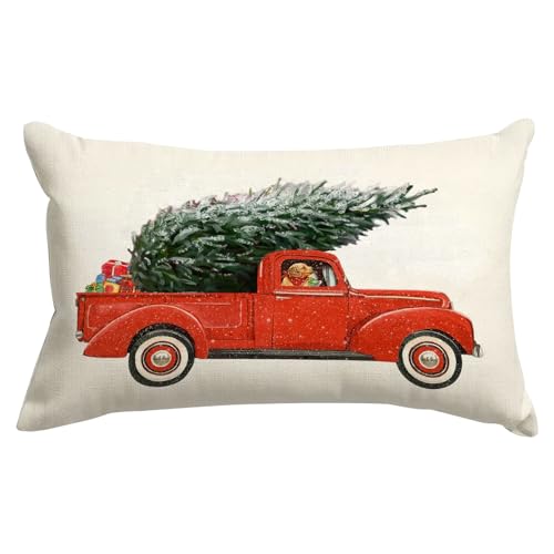 SPXUBZ Kissenbezug mit rotem Pickup-Truck mit Weihnachtsbaum und Hund, Merry Winter Festival, Heimdekoration, Leinen, 30,5 x 50,8 cm (zweiseitiger Druck) von SPXUBZ