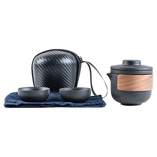 SPYMINNPOO Reise Tee Set, Tragbares Mini Keramik Teekannen Set für den Außenbereich mit Aufbewahrungstasche (Schwarzer Topf mit 2 Tassen) von SPYMINNPOO