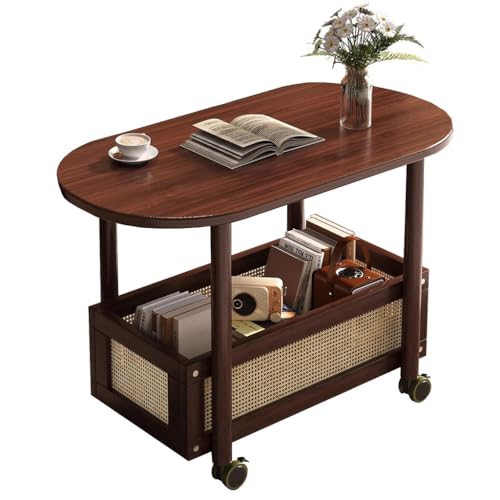 SPYQKHSH Mobiler 2-stufiger Sofa-Beistelltisch, Nachttisch aus Holz mit Rädern, Kleiner Beistelltisch mit Aufbewahrungskorb, for Wohnzimmer, Schlafzimmer, rustikales Braun(80x40x58cm) von SPYQKHSH