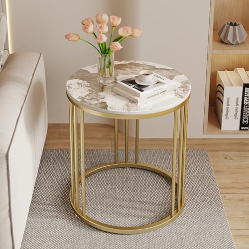 SPYQKHSH Moderner runder Beistelltisch, Akzent-Beistelltisch for drinnen und draußen mit Marmor-Effekt-Platte und goldenem Metallrahmen, for Wohnzimmer und Schlafzimmer(B,50x55cm) von SPYQKHSH