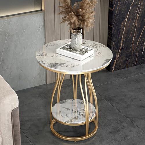 SPYQKHSH Moderner runder Sofa-Beistelltisch mit Stauraum, 2-stufiger Nachttisch mit Kunstmarmorplatte und goldenem Metallrahmen for Wohnzimmer, Schlafzimmer und Balkon(E,50x62cm) von SPYQKHSH
