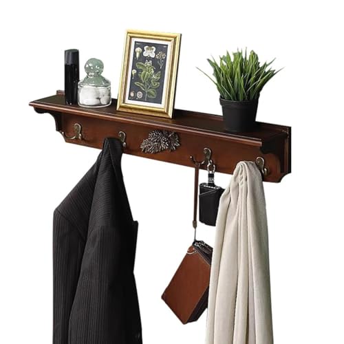 SPYQKHSH Rustikale Wandgarderobe mit Ablage, Hängeregale for den Eingangsbereich mit 4 Metallhaken, Wandhaken mit Aufbewahrung (walnussfarbenes Finish) von SPYQKHSH