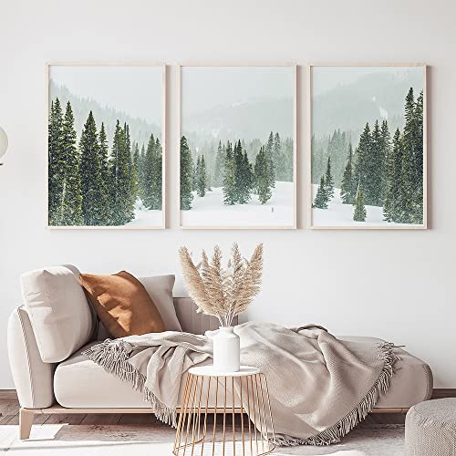 Blatt-Poster Kiefernbäume Druck Winterwald Malerei Wandkunst Poster Nordischer Schnee Weihnachtsbilder Bäume Modernes Zuhause Badezimmer Dekorativ-50 * 70Cm/20 * 27 Zoll-3 Stück (Kein Rahmen) von SPanN