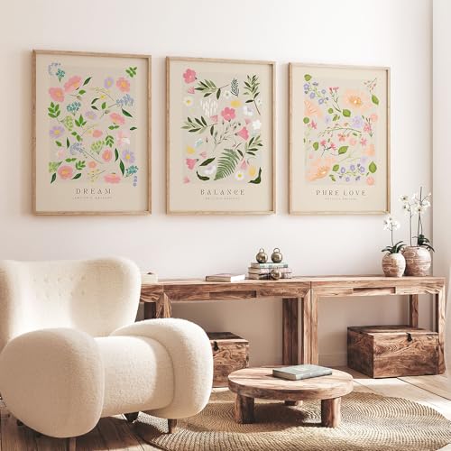 SPANN Set Mit 3 Abstrakten Wildblumen Blumen Botanischen Leinwandgemälden Pastell-Galerie-Wandbildern Boho-Ästhetischen Postern für Schlafzimmer und Küche Kunstwerk 50x70Cm=20x27 Zoll Ungerahmt von SPanN