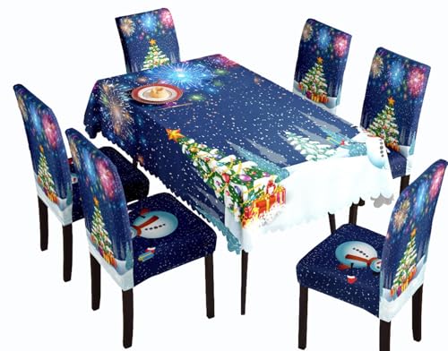 UICMNSI Tischdecke Weihnachten 1er Set, Weihnachten Stuhlhussen 6er Set Weihnachtsbaum Tischtuch Abwaschbar Rechteckige Pflegeleicht Tischdeck for Küche Parteien Dekoration Hochzeit Festival(5) von SPeesy