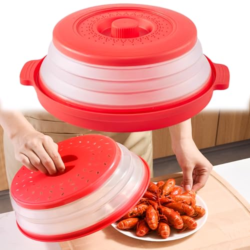 SQAQS Mikrowelle Faltdeckel, Einfacher Griff, Rund mit Griff Griff & Hakenloch, Multifunktionale Mikrowellen Deckel Korb Sieb für Obst Gemüse Küche Kochen (Rot) von SQAQS