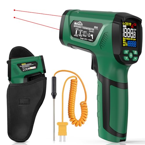 Infrarot-Thermometer, SQECH Temperaturmessgerät -40℃～1200℃(-40℉～2192℉), 50:1 Hochtemperatur Thermometer mit K-Sonde,Farbiger Hintergrundbeleuchtung,Einstellbarem Emissionsgrad,für Industrie&Haushalt von SQECH