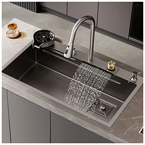 304 Edelstahl Nano Grey Küchenspüle Einzelbecken Bar Spüle mit Wasserhahn und Ablaufmontage, vielseitiges Wohnmobil-Handwaschbecken, 75 x 45 x 21 cm von SQMGFA