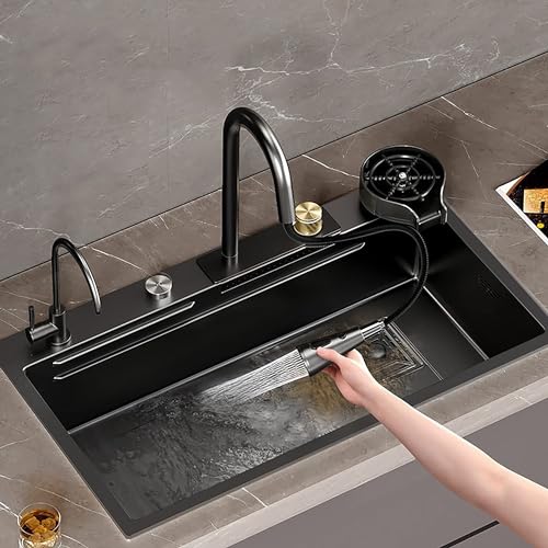 Edelstahl-Küchenspüle, Einzelschüssel, Regentanz-Unterbau oder Drop-In, mit ausziehbarem Wasserhahn, perfekt für Garten, Haus und Bauernhof von SQMGFA