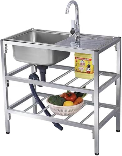 Freistehende Gastronomie-Spüle mit Werkbank und Ablageflächen, ideal für Restaurant, Garage, Keller, Außen- und Innenbereich, komplett mit Wasserhahn Freistehende Gastronomie-Spüle mit Werkbank und Ablageflächen, ideal für Restaurant, Garage, Keller, Außen- und Innenbereich, komplett mit Wasserhahn von SQMGFA