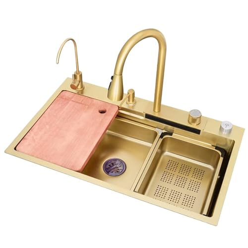 Goldfarbene Edelstahl-Kaskadenspüle mit Wasserhahn, Schneidebrett, Abtropfgestell, Arbeitsplatte, Reservoir für Küchenrenovierung (68 x 45 x 22 cm) von SQMGFA