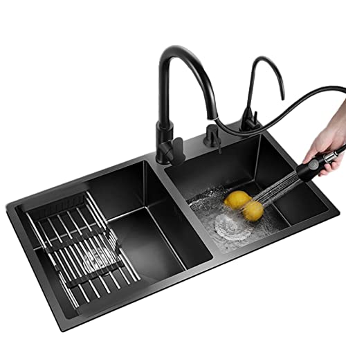 Schwarze Edelstahl-Küchenspüle mit 360°-Wasserhahn, Einbauspüle mit Seifenspender, komplette Ablaufmontage, A 78 x 43 x 20 cm, langlebiges und stilvolles Design Schwarze Edelstahl-Küchenspüle mit 360°-Wasserhahn, Einbauspüle mit Seifenspender, komplette Ablaufmontage, A 78 x 43 x 20 cm, langlebiges und stilvolles Design von SQMGFA