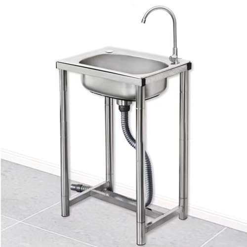Tragbare Edelstahl Küchenspüle mit Wasserhahn Multifunktions Waschbecken für Innen und Außen Freistehende Mobile Waschstation (48 x 35 x 75 cm) von SQMGFA
