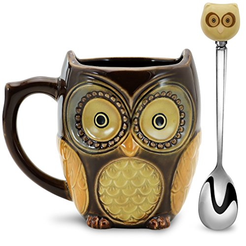 SQOWL 3D-Kaffeetasse, lustige süße Eule, Keramik-Tasse, Kaffeetasse mit Löffel, Teebecher-Set für Frauen und Mädchen, 340 ml, Braun von SQOWL