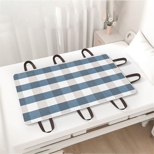 SQOYEI Inkontinenzunterlage Waschbar Mit Verstärkten Griffen, Bettunterlage Wasserdicht Zum Umlagern, Heben Inkontinenz Bettunterlage(115 * 150cm,Dark blue-checked) von SQOYEI