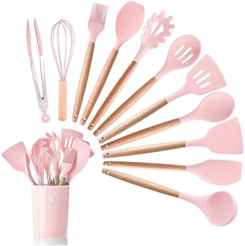 SQUADO - 12-teiliges Küchenutensilien-Set aus Silikon, antihaftbeschichtet, hitzebeständig, mit Holzgriff, Rosa SQUADO - 12-teiliges Küchenutensilien-Set aus Silikon, antihaftbeschichtet, hitzebeständig, mit Holzgriff, Rosa von SQUADO