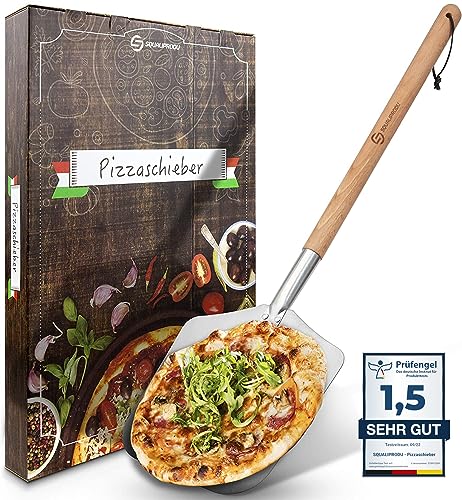 SQUALIPRODU® Pizzaschieber - Premium Pizzaschaufel aus rostfreiem Edelstahl und Buchenholz - stabiles Gewinde & robuster Holzstab - extra lang - entgratet - Schlaufe zum Aufhängen von SQUALIPRODU