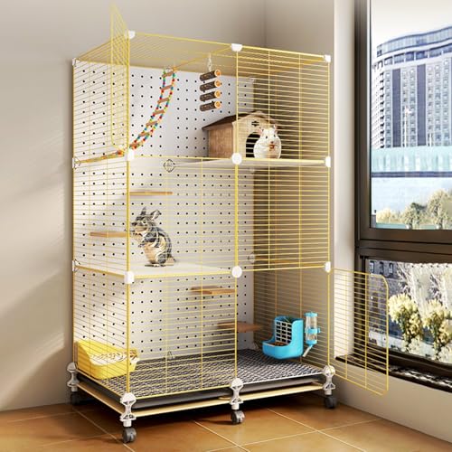 Chinchillakäfig, kausicherer Meerschweinchenkäfig, Metallrahmen mit Rädern, 3-stufiger Lebensraum, Trennwand for 2–3 Kleintiere(Yellow) von SQUZO