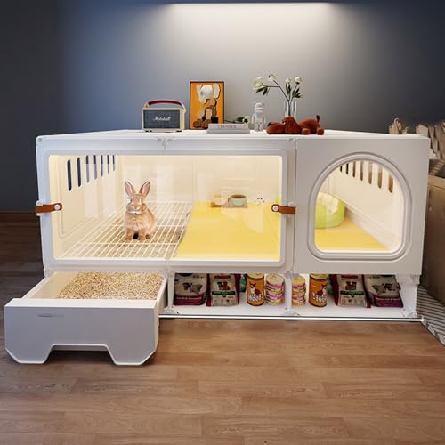 Meerschweinchenkäfig mit Transparenter Tür, Ausziehbarer Schublade und Komplettem Zubehör (Grasnest, Grasraufe, Tränke) Lebensraum für Kleintiere Im Innenbereich, Einfacher Aufbau(White) von SQUZO