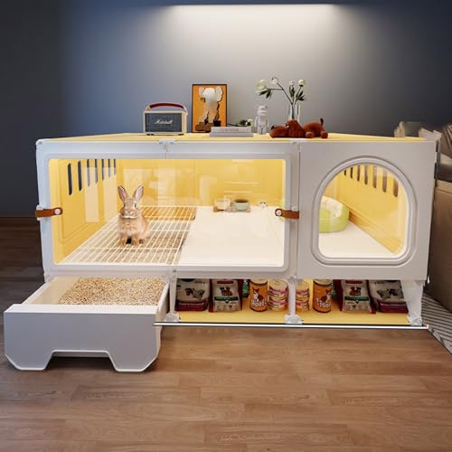 Meerschweinchenkäfig mit Transparenter Tür, Ausziehbarer Schublade und Komplettem Zubehör (Grasnest, Grasraufe, Tränke) Lebensraum für Kleintiere Im Innenbereich, Einfacher Aufbau(Yellow) von SQUZO