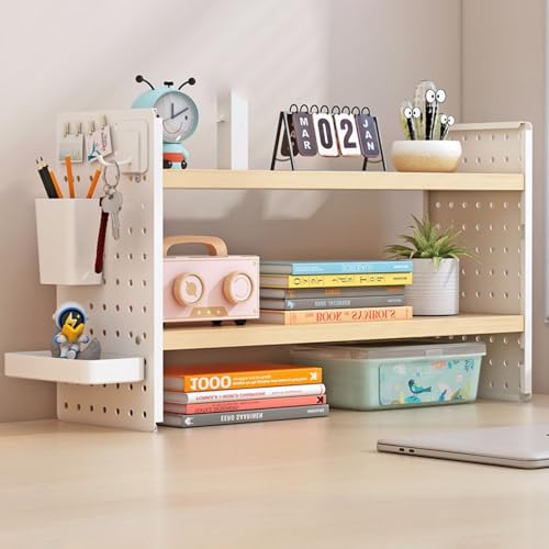 SQUZO Schreibtischregal, Schreibtisch mit Regalen, 2/3-StöCkiges Metall-Schreibtischregal Mit Stecktafel, 4 Haken, DIY-Holzbrett, Passend für Die Tischplatte(B,46 * 36 * 15cm) von SQUZO