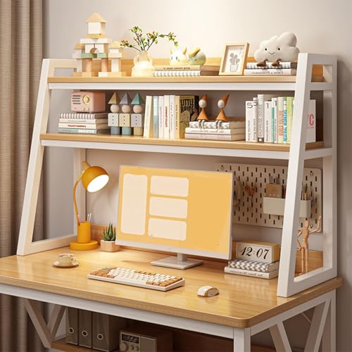 SQUZO Schreibtischregal 2-StöCkiges Schreibtisch-Bücherregal – Bücherregal Aus Metall und Holz mit T-FöRmigem VerstäRkungsrahmen für Wohnheim Oder BüRo(White) von SQUZO