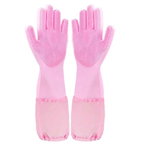 SQYDFDC 4 Handschuhe Reinigungshandschuhe Naturkautschuk -Geschirrhandschuhe robuste und langlebige Hochdichte Silikonbürste Fruchtreinigungshund und Katzenschalen Rosa Fleece-inner2pcs von SQYDFDC