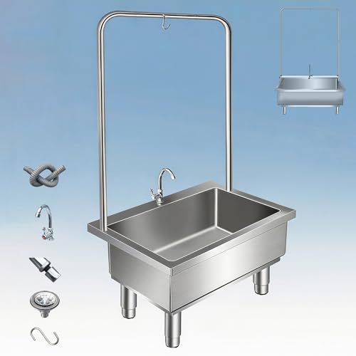 SQYHYTS 304 Edelstahl Mopp Spüle, Einzelbeckenspüle Mit Wasserhahn,Gewerbliche Küchenspüle Inklusive Edelstahlgestell Und Mopphaken,Tiefe 26Cm Für Waschküchen,Gärten, Balkone,60 * 40 * 45cm von SQYHYTS