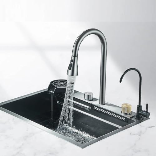 Küchenspüle aus Edelstahl mit Becherspüler, Wasserhahn, großer Einzelschüssel mit Seifenspender, Wasserfall- und Regenfunktion, 4-Funktionen System, Spülbecken Spüle 60x45cm von SR-Sanitaer