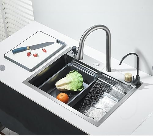 Küchenspüle aus Edelstahl mit Becherspüler, Wasserhahn, großer Einzelschüssel mit Seifenspender, Wasserfall- und Regenfunktion, 4-Funktionen System, Spülbecken Spüle Silber 60x45cm von SR-Sanitaer