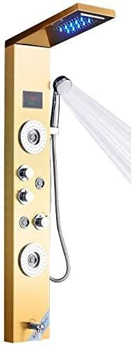 LED Duschpaneel aus rostfreiem Edelstahl mit 5 Funktionen, Temperaturanzeige und 2 Massagefunktionen Farbe: Golden von SR-Sanitaer