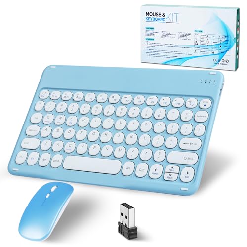 Bluetooth Tastatur Kabellos, Funktastatur Mit Maus Mini Tastatur Ultra-Dünn Wireless Tastatur Maus Set für iPad,Mac,Laptop,Tablet,Surface,Phone,Windows/Android/iOS QWERTY, Abgerundeter Schlüssel-Blau von SRAYG