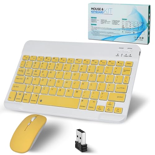 Bluetooth Tastatur Kabellos,Funktastatur Mit Maus, 2.4GHz Maus, Mini Tastatur Ultra-Dünn Wireless Tastatur Maus Set für iPad,Mac,Laptop, Tablet,Surface,Phone,Computer,Windows/Android/iOS,QWERTY,Gelb von SRAYG