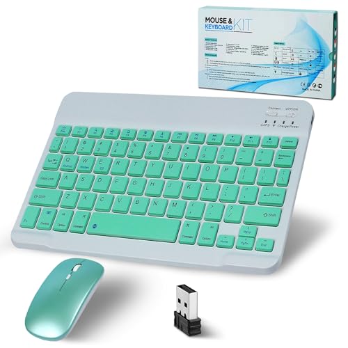 Bluetooth Tastatur Kabellos, Funktastatur Mit Maus,2.4G Maus, Mini Tastatur Ultra-Dünn Wireless Tastatur Maus Set für iPad,Mac,Laptop,Tablet,Surface,Phone,Windows/Android/iOS QWERTY,Grün von SRAYG
